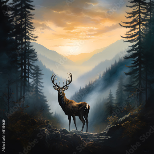 Deer in mist forest in sunrise, style of digital illustration