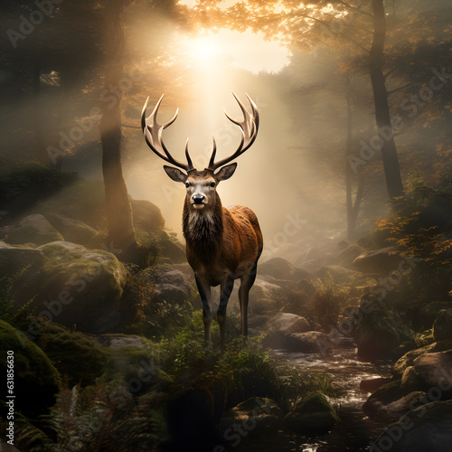 Deer in mist forest in sunrise, style of digital illustration © Oksana