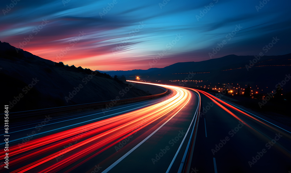 Cars on night highway with colorful light trails Cars on night highway with colorful light trails