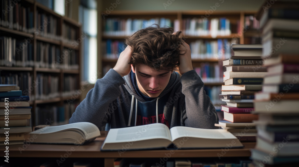 Tired male student holding his head while sitting in library against the backdrop of the book shelf. Created with Generative AI technology. Tired male student holding his head while sitting in library against the backdrop of the book shelf. Created with Generative AI technology.