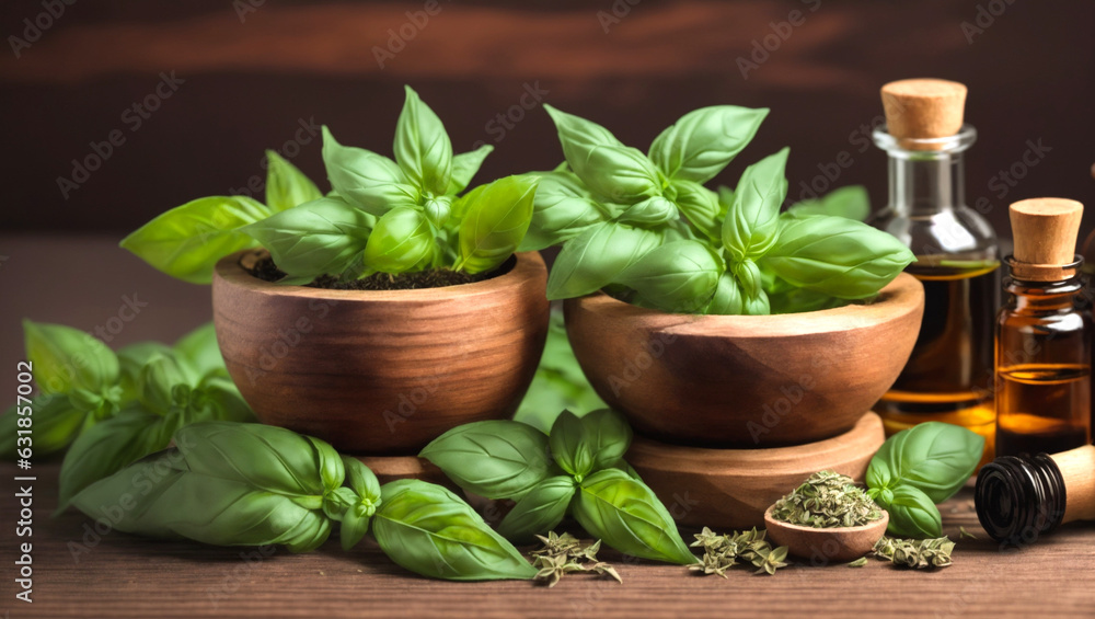 Sweet basil and hotbasil in wooden mortar with essential oil Sweet basil and hotbasil in wooden mortar with essential oil