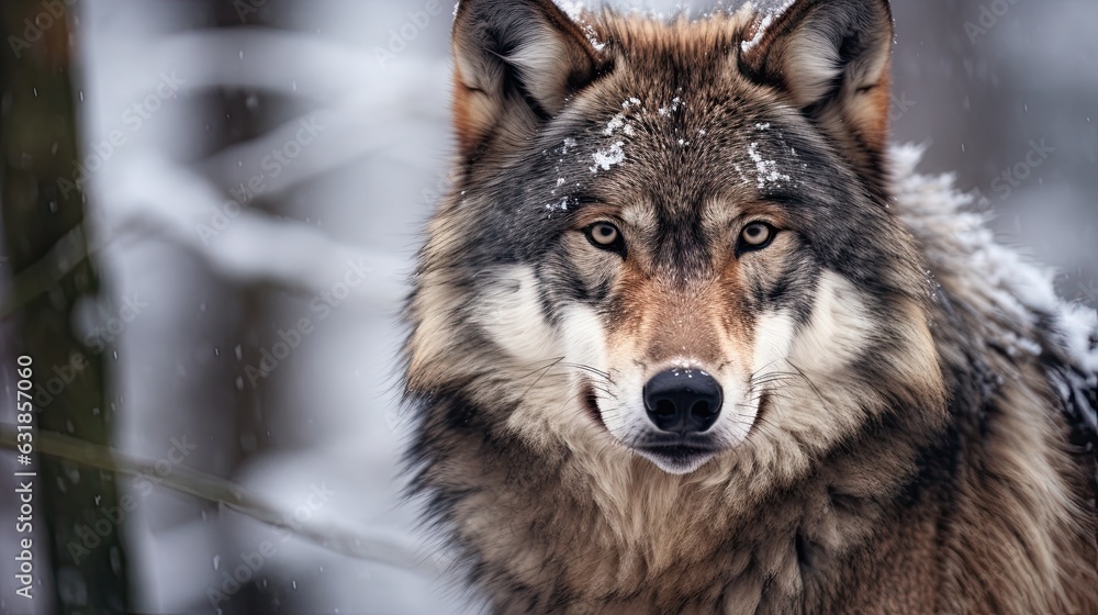 Fototapeta premium Grey wolf portrait in the snow Copy Space