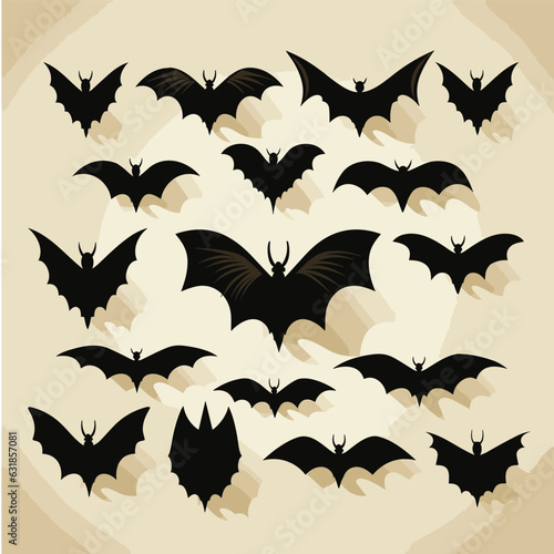 set of various stylized bats, halloween ornament icons and stickers