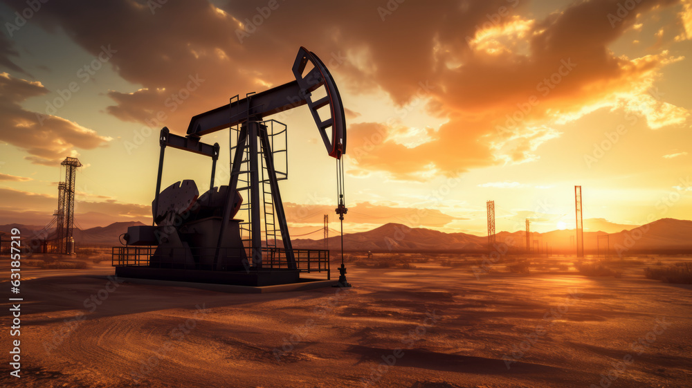 photograph of Silhouette of Crude oil pumpjack rig on desert silhouette in evening sunset, energy industrial machine for petroleum gas production. wide angle lens realistic sunset lighting,generative photograph of Silhouette of Crude oil pumpjack rig on desert silhouette in evening sunset, energy industrial machine for petroleum gas production. wide angle lens realistic sunset lighting,generative