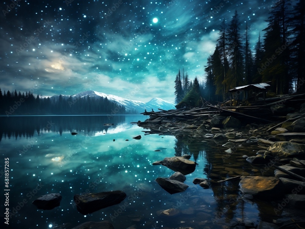 A striking wall art photograph capturing the beauty of a starry night sky above a serene lake generative ai
