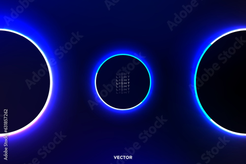 Three Trendy Neon Glowing Ring on dark blue background with light flares. Two on both sides and one in the center. Perfect for app, web design, webpages, banners, background. Vector Illustration. 