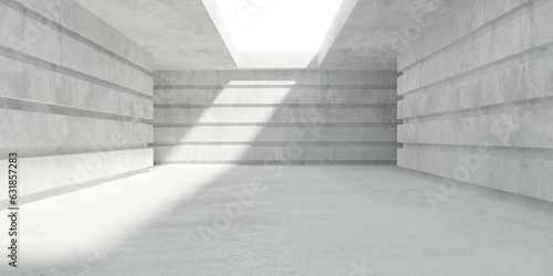Abstract empty  modern concrete room with structured walls  sunlight thru roof opening and rough floor - industrial interior background template