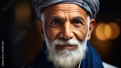 Close-up portrait of an elderly man in national dress.