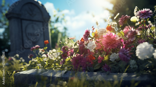 Generative AI, european cemetery, gravestones, stone tombstones, burial, green grass, funeral, flowers