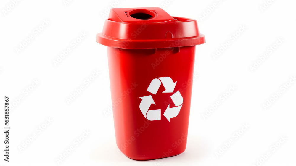 photograph of A Red recycle bin with recycle symbol isolated on white background telephoto lens realistic studio lighting.generative ai photograph of A Red recycle bin with recycle symbol isolated on white background telephoto lens realistic studio lighting.generative ai