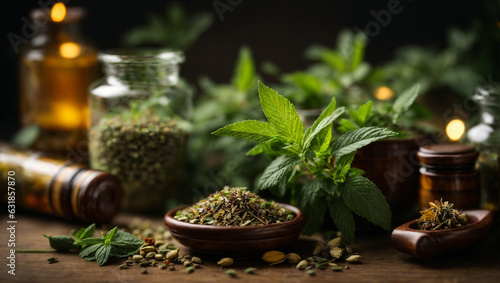 herbal medicine close up on background photo