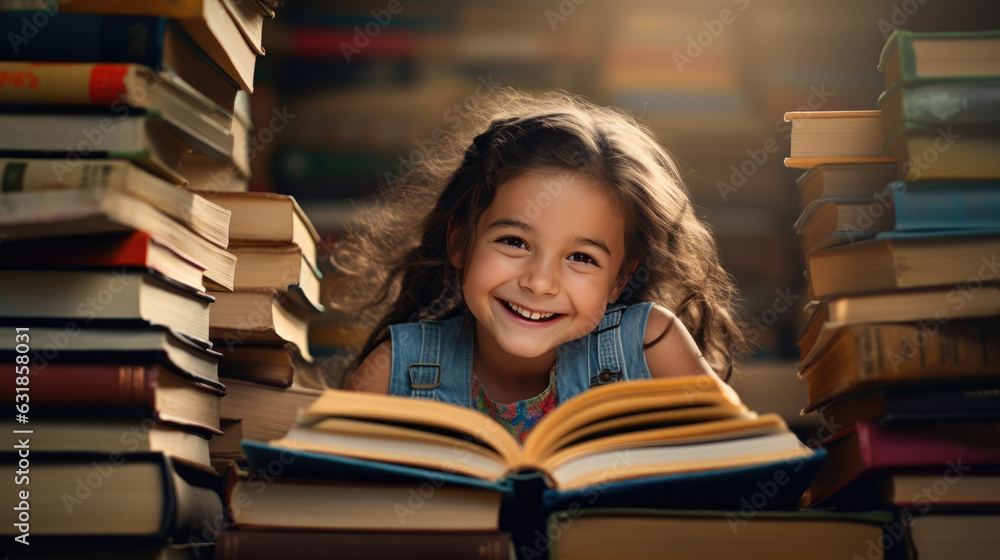 Little girl surrounded by books sits in front of an open book and smiles. Created with Generative AI technology. Little girl surrounded by books sits in front of an open book and smiles. Created with Generative AI technology.