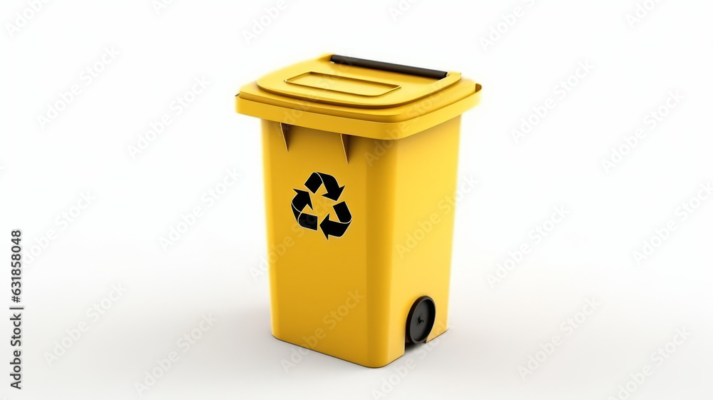 photograph of A Yellow recycle bin with recycle symbol isolated on white background telephoto lens realistic studio lighting photograph of A Yellow recycle bin with recycle symbol isolated on white background telephoto lens realistic studio lighting