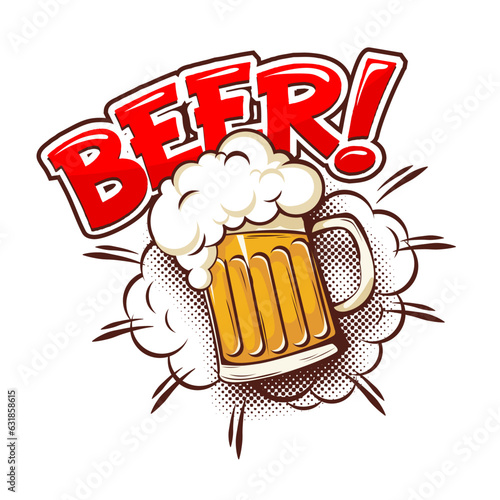 Summer template with mug of beer and sun in comic style. Vector on transparent background