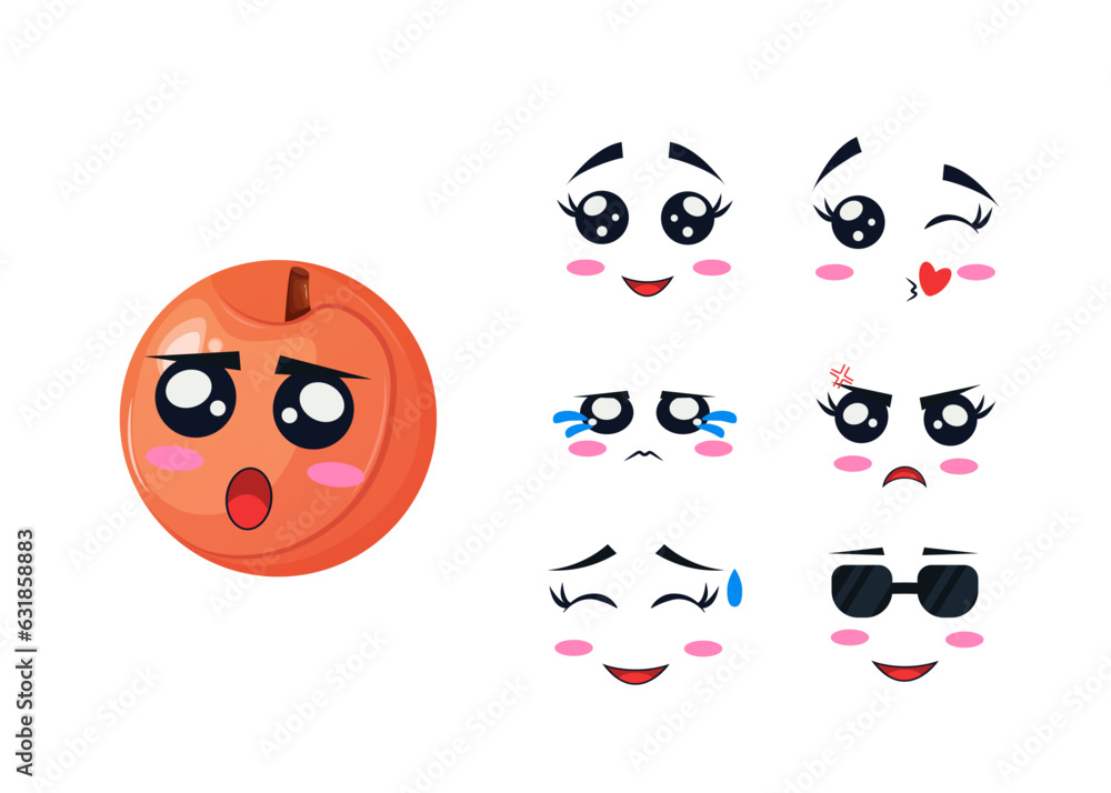 Fototapeta premium Nectarine with kawaii emotions. Flat design vector illustration of ripe nectarine on white background. Nectarine design