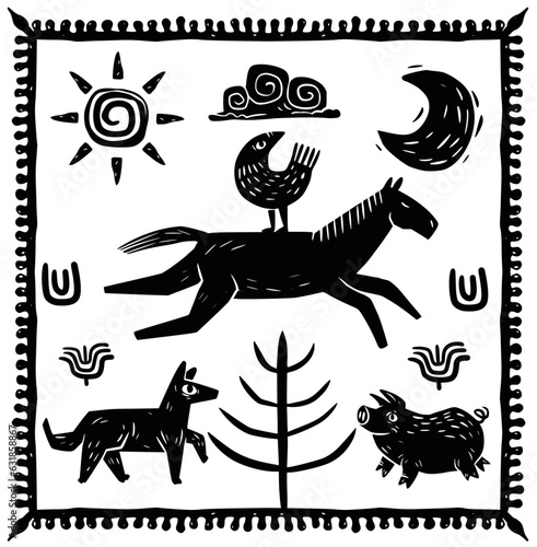 Woodcut in armorial style. Farm animals and symbols