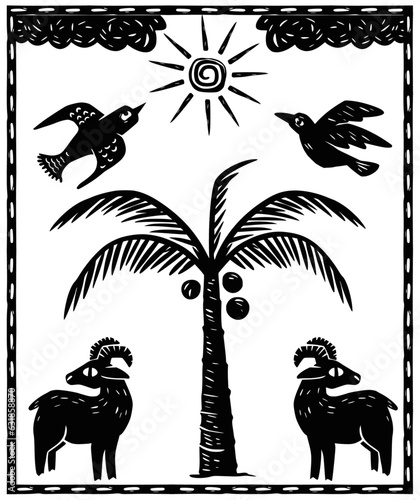 Northeastern scenery with coconut tree, goats and birds. Woodcut and cordel literature
