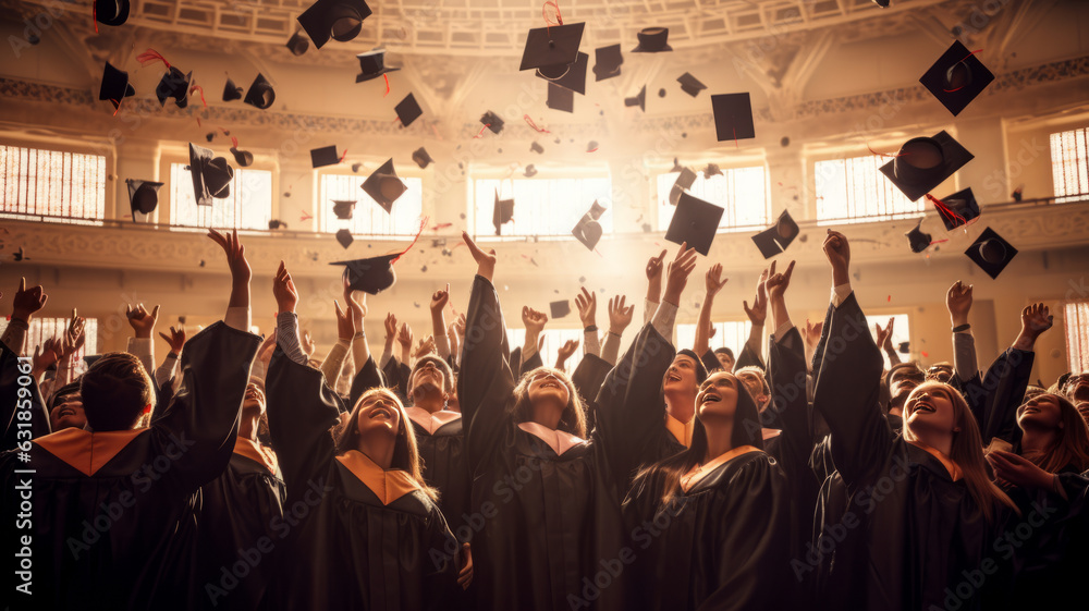 photograph of Graduate are celebrating graduation Throwing hands up a certificate and Cap in the air. wide angle lens realistic natural lighting