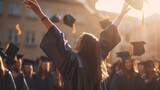 photograph of A young woman student hands up celebrating university graduate. telephoto lens realistic natural lighting