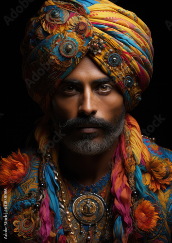 A Portrait of an Indian Man Wearing a Vibrant Outfit