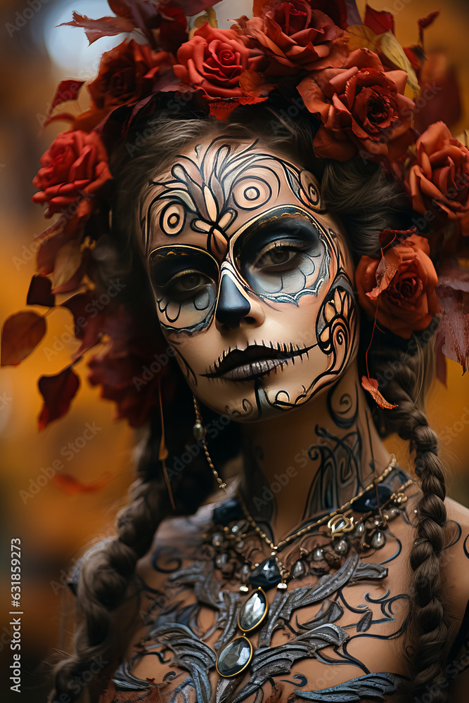 Portrait of woman with traditional la muerte makeup . Mexican festival Dia de los Muertos. Halloween