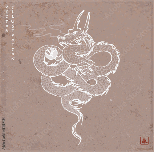 Hand drawn image of oriental dragon on brown parcel paper background. Translation of hieroglyph - eternity