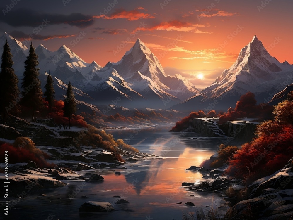 
An awe-inspiring wall art mural depicting a vast and breathtaking mountain landscape, capturing the majestic beauty of nature generative ai