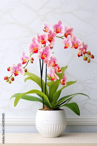 White orchid in a vase with marble background