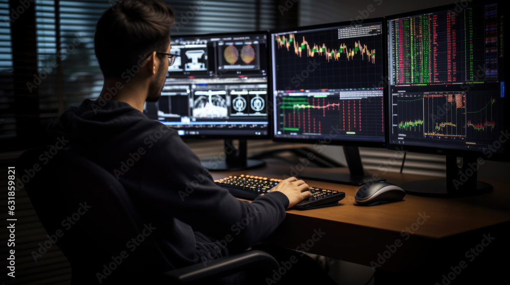 Stock Trader Man Using Multiple Monitors. Back view. Stock Trader Man Using Multiple Monitors. Back view.