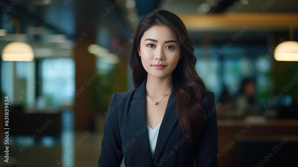 Close up portrait of a smiling young asian businesswoman in suit standing against office background. Close up portrait of a smiling young asian businesswoman in suit standing against office background.