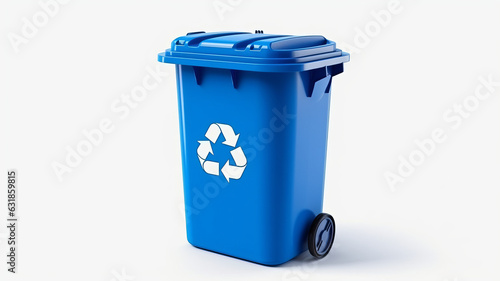 photograph of A Blue recycle bin with recycle symbol isolated on white background telephoto lens realistic studio lighting