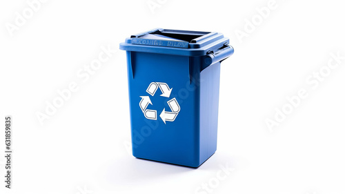 photograph of A Blue recycle bin with recycle symbol isolated on white background telephoto lens realistic studio lighting © JKLoma