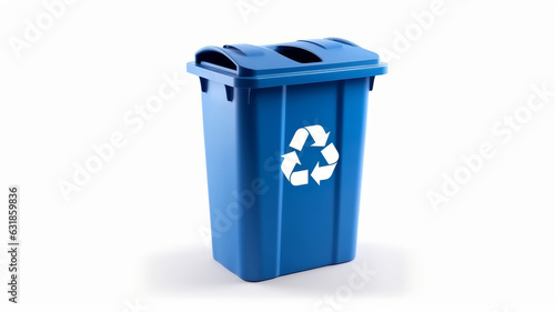 photograph of A Blue recycle bin with recycle symbol isolated on white background telephoto lens realistic studio lighting