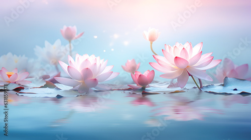 Beautiful light pink lotus blossoms growing out of blue pond with reflection in water. Natural floral wallpaper background. Generative ai art.