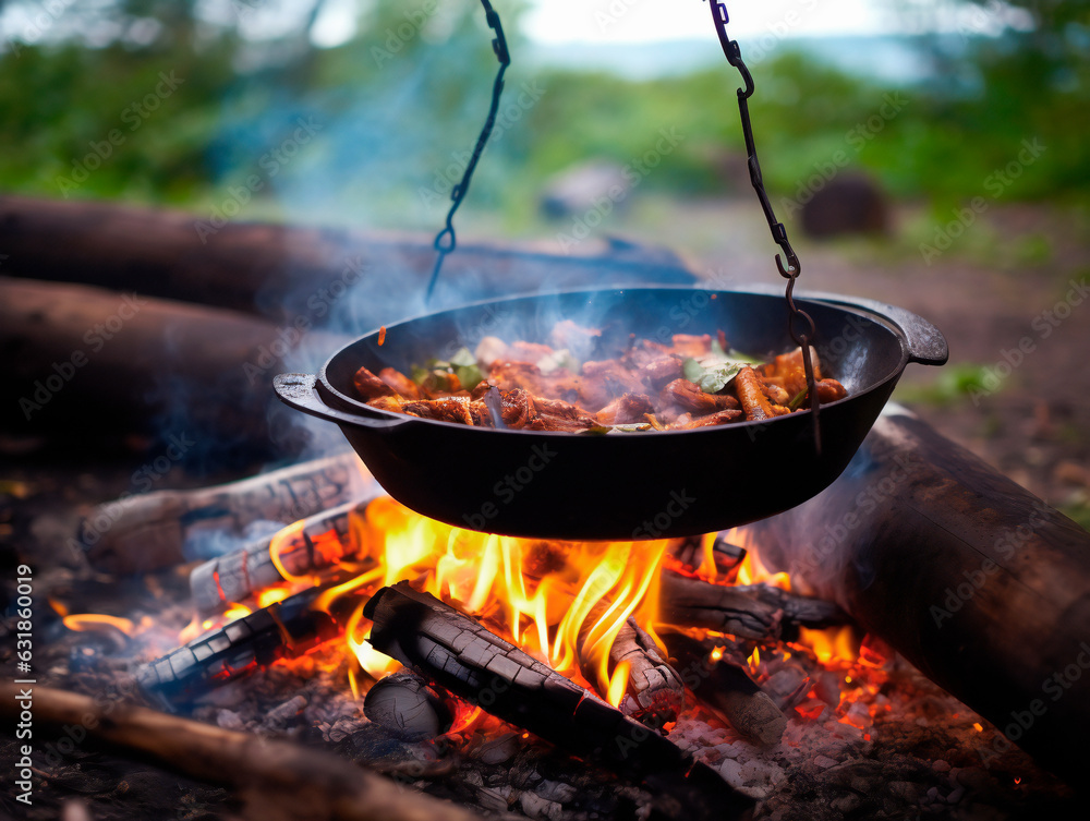 Food is cooked in a metal cauldron over an open fire at a campsite. Food is cooked in a metal cauldron over an open fire at a campsite.