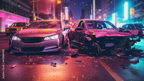 Auto accident involving two cars on a city street at night. Insurance coverage concept. Generative Ai