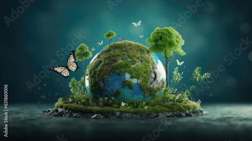 Earth globe ball, growing tree and flying butterfly on green nature background. Created with Generative AI technology.
