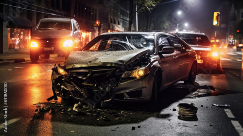 Auto accident involving two cars on a city street at night. Insurance coverage concept. Generative Ai © tong2530