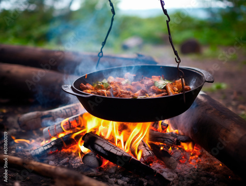 Food is cooked in a metal cauldron over an open fire at a campsite.