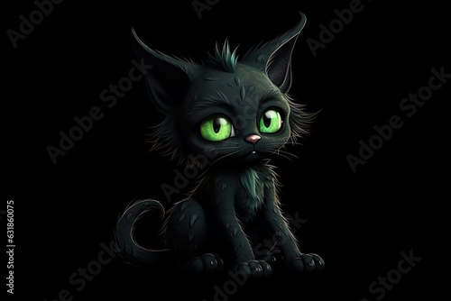 Sweet evil. Fairytale black cat character. Mystical cat with green eyes on a black background.