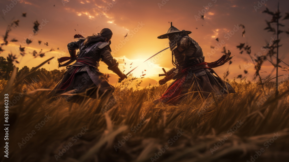 photo of the battle of two samurai in a meadow under the sunset