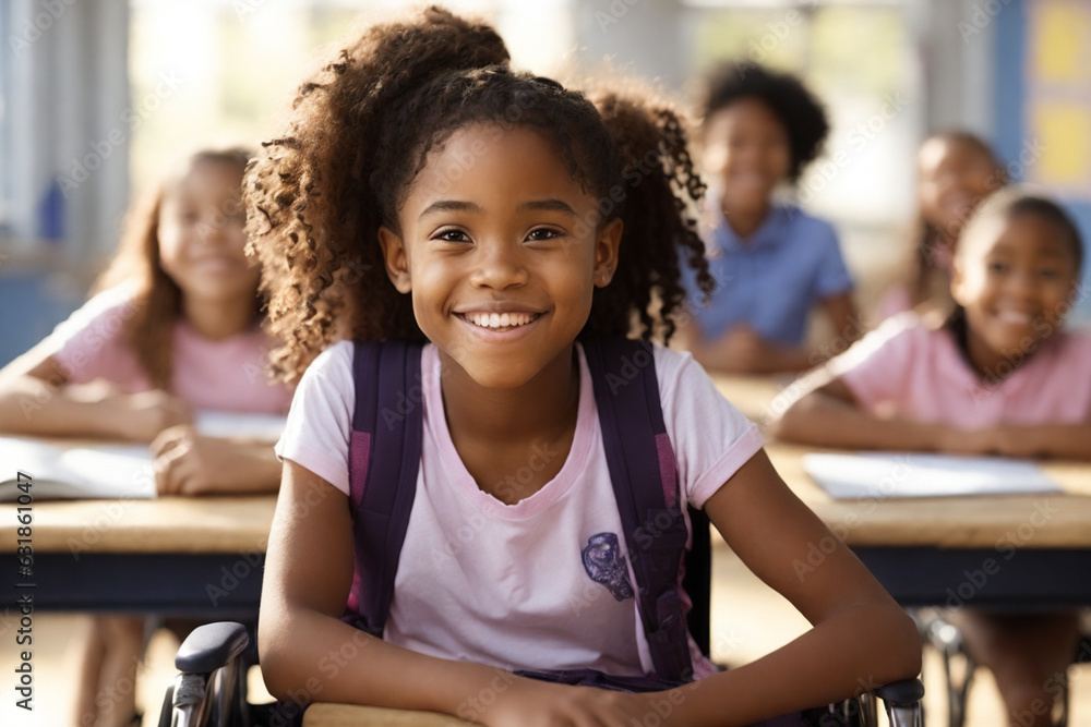 estudiante afroamericana en silla de ruedas en el aula de la escuela sonriendo