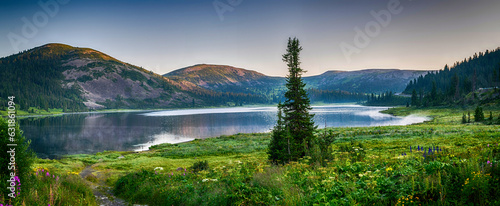 Panoramic landscape, view on mountain lake with hills and green forest during...