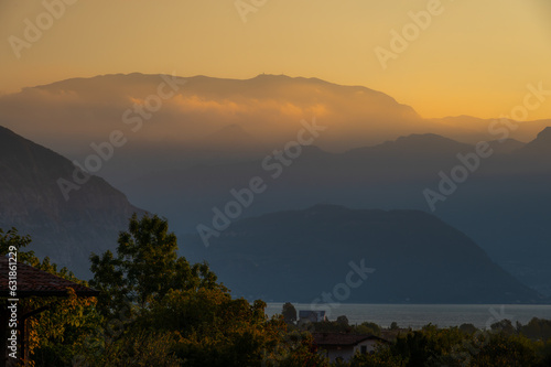 Fototapeta Naklejka Na Ścianę i Meble -  A landscape of the countryside near Iseo Lake at sunrise, Italy
