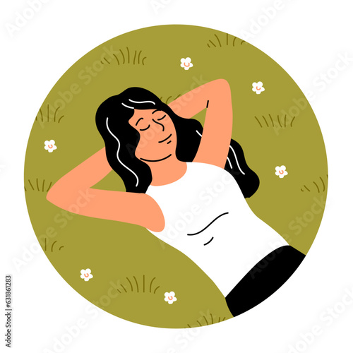 A young woman lies on the green grass and rests. Weekend and vacation concept. A carefree girl sleeps and dreams. Flat vector illustration
