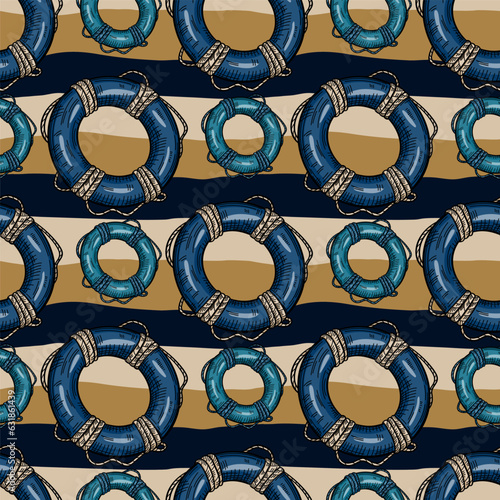 Vintage lifebuoy with rope sketch seamless pattern. Hand drawn life ring in engraving style wallpaper.