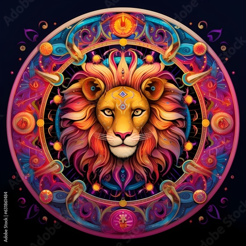 Vibrant Leo zodiac animal illustration showcases majestic lion, fire element, leadership, courage, and passion in cosmic backdrop