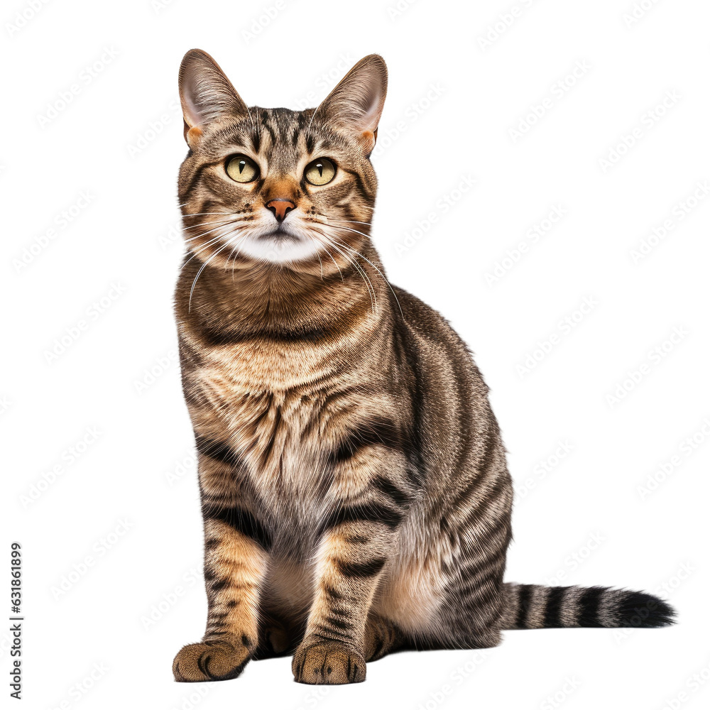 Fototapeta premium Tabby cat posing in a studio against a transparent backround.