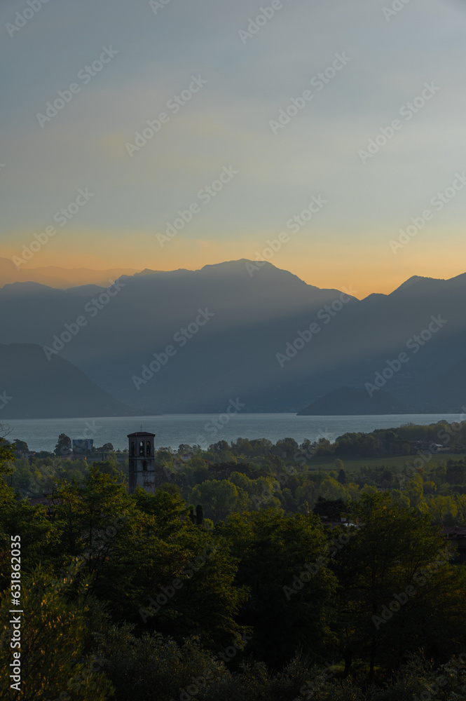 A landscape of the countryside near Iseo Lake at sunrise, Italy