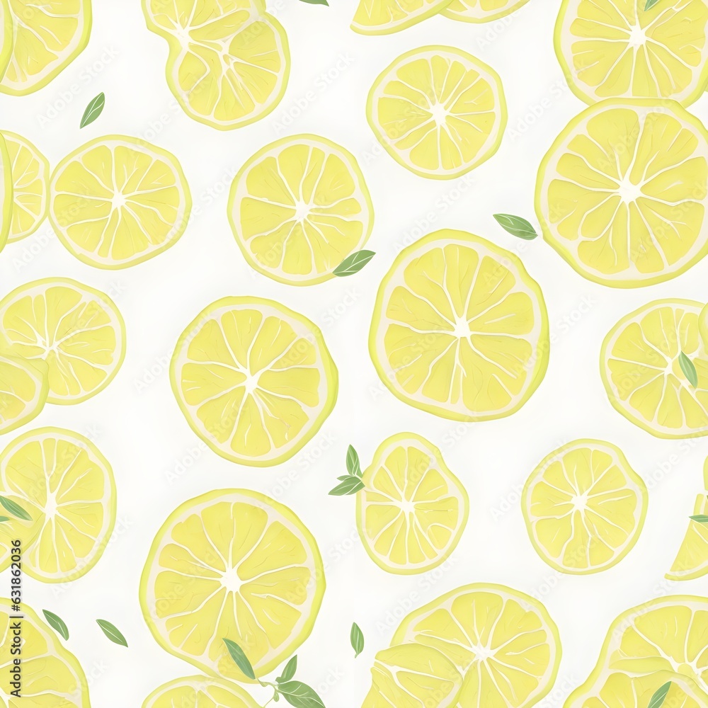 Vibrant lemon slice pattern: Zesty yellow citrus fruits arranged in a refreshing and delightful repeating design Vibrant lemon slice pattern: Zesty yellow citrus fruits arranged in a refreshing and delightful repeating design
